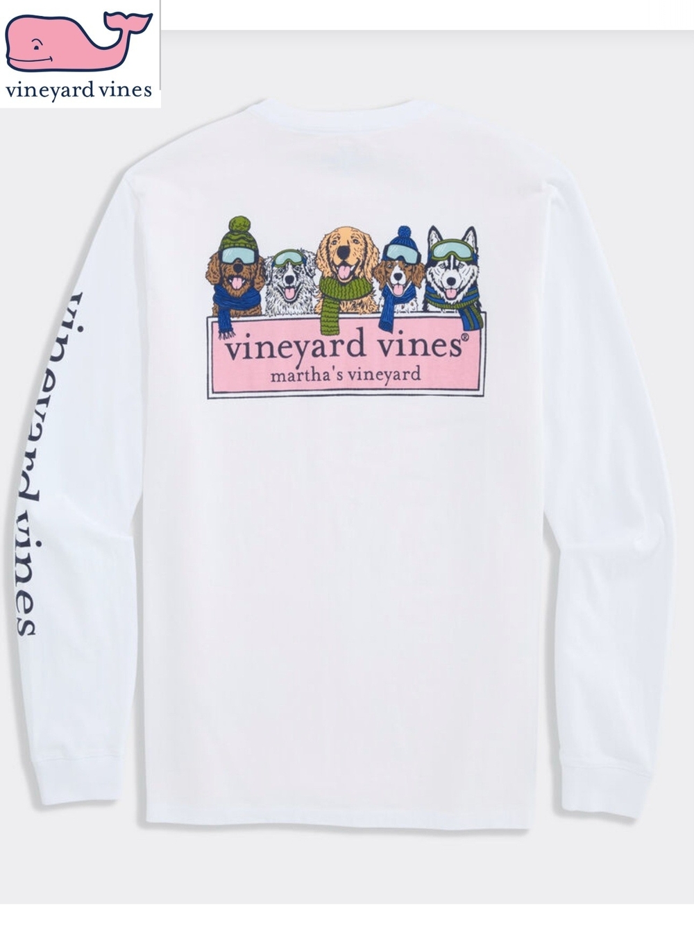 NWT Vineyard Vines Men's Large White Long-Sleeve Tee with Colorful Winter Dogs